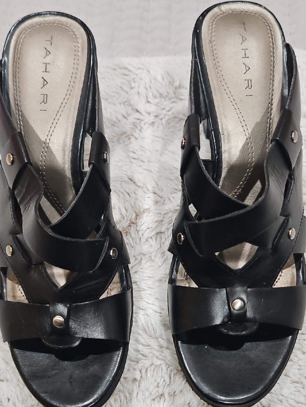 Tahari Black Leather Crisscross Slide Mules